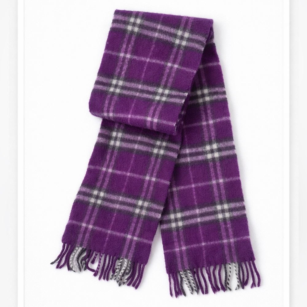 Burberry Kids Purple Plaid Wool Scarf Preppy Tartan Fringe